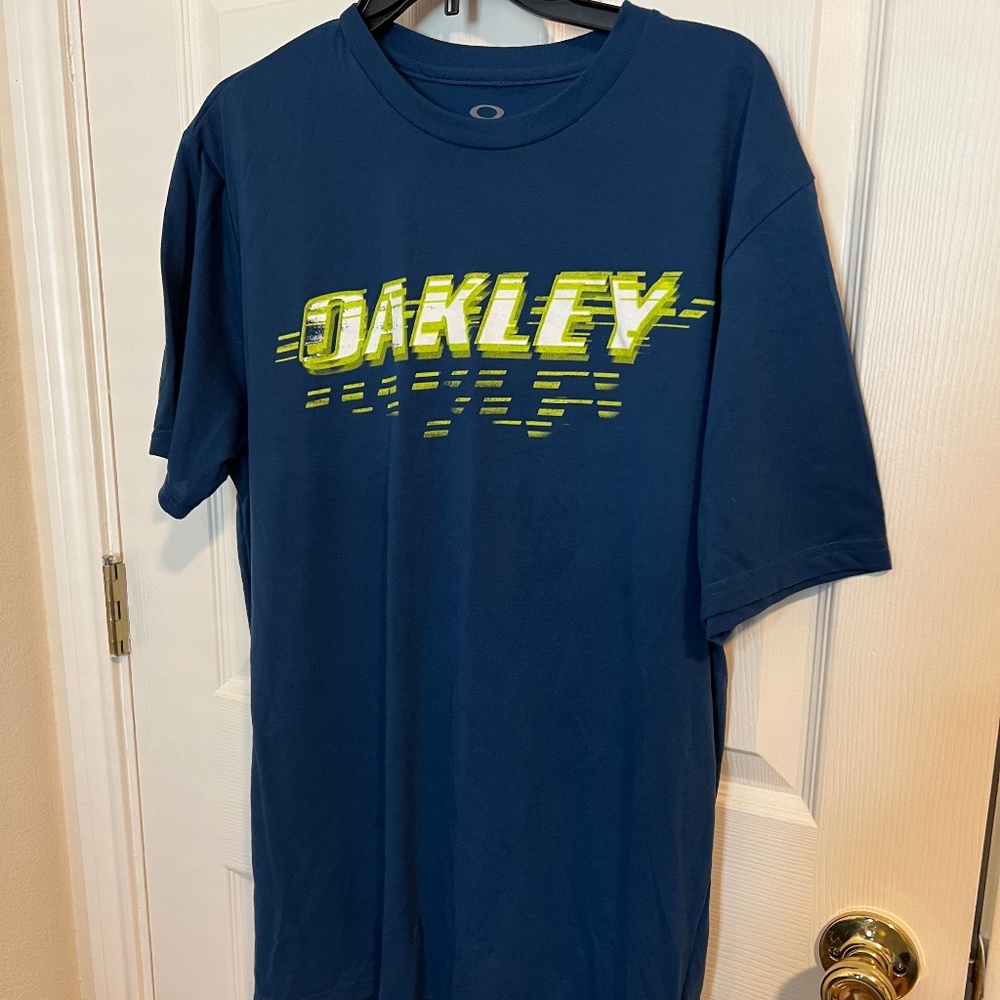 Mens Oakley Cotton Workout Athletic T-shirt Short Sleeve in Blue Neon Yellow XL